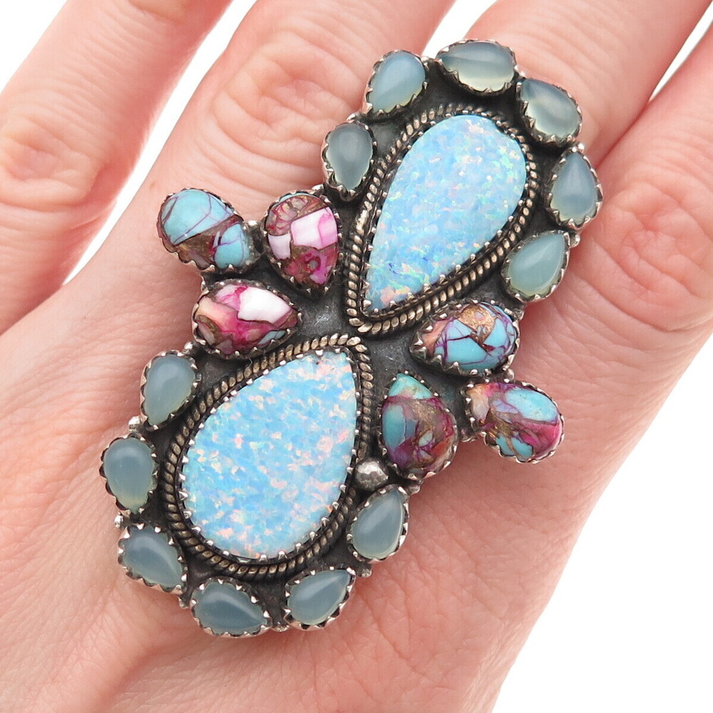 Krush Kandy 925 Sterling Vintage Real Multi-Color Gem Adjustable Ring Size 9.25